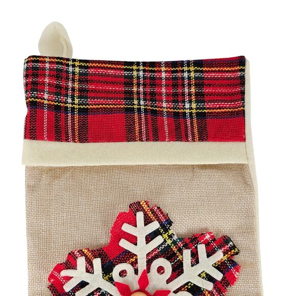 Plaid Snowflake Christmas Stocking 15" Red Beige Button Accent Hanging Loop - Picture 4 of 11